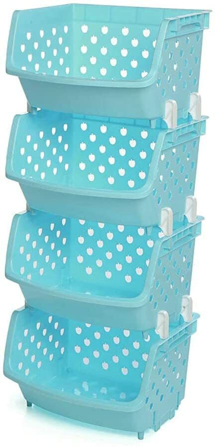 Jjone 4-Pack Stackable Storage Bins, Plastic Baskets Rack, Kitchen Storage Shelf Baskets, Stacking Stand Organizer For Kitchen Bathroom Vegetable Fruit Food Organizer (Blue)