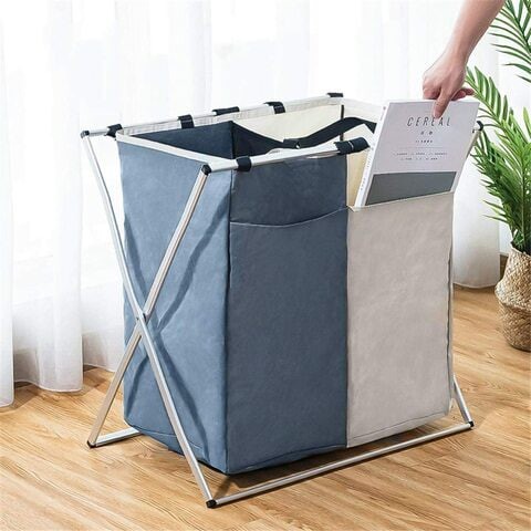 Brightshow Laundry Cloth Hamper Sorter Basket Bin Foldable 2 Sections With Aluminum Frame Washing Storage Dirty Clothes Bag For Bathroom Bedroom Home (Grey+Blue)