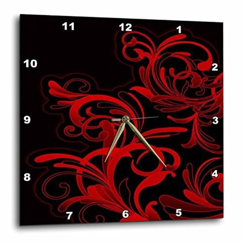 3Drose Dpp_78123_2 Pretty Bright Red Double Flourishes Against A Black Background Wall Clock, 13 By 13&quot;