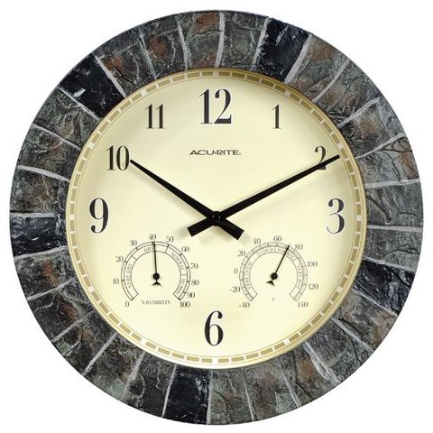 Acurite 02418 14-Inch Faux-Slate Indoor/Outdoor Wall Clock With Thermometer, Hygrometer