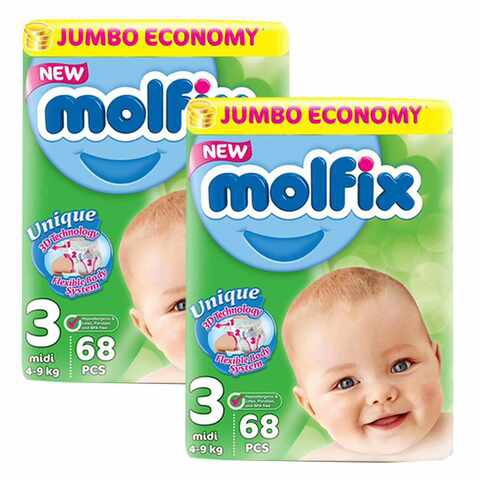 Molfix Baby Diapers (Size 3), Midi 4-9 kg, 38 Count x 2packs (76 diapers)