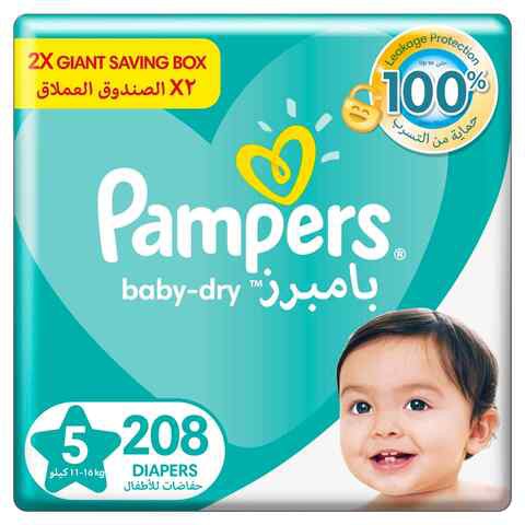 Pampers Baby-Dry Diapers, Size 5, 11-16kg, with Leakage Protection, 208 Baby Diapers