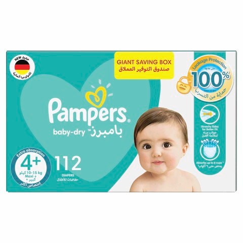 Pampers Baby-Dry Diapers, Size 4, 10-15kg, with Leakage Protection, 112 Baby Diapers