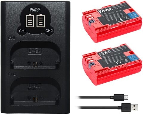 DMK Power LP-E6 LP-E6N Mini Portable LCD Battery Charger TC-USB III with Rechargeable Battery (2-Pack battery 2395mAh, 1-Dual LCD TC-USB III)