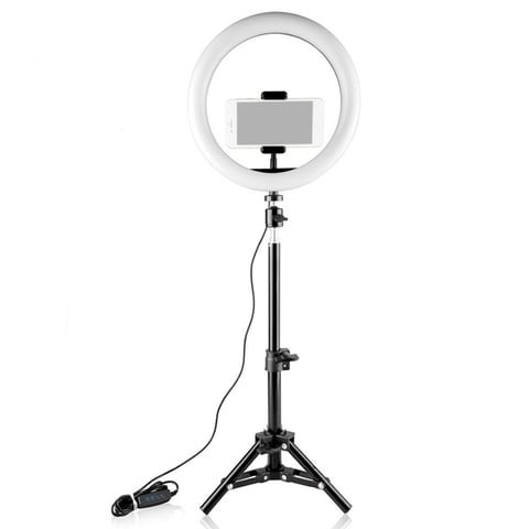 Generic-26cm/10inch Mini LED Video Ring Light Lamp Dimmable 3 Modes Lighting USB Powered with Tripod Stand Ballhead Adapter Phone Holder Remote Shutter for Network Broadcast Selfie Face Makeup