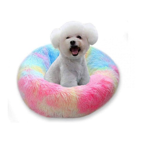 ALISSA-50cm Round Donut Beds Sofa for Small Dogs, Warm Plush Calming Pet Bedding, Pluffy, Comfy&amp;Cute Faux Fur Cuddler, Multi-color.