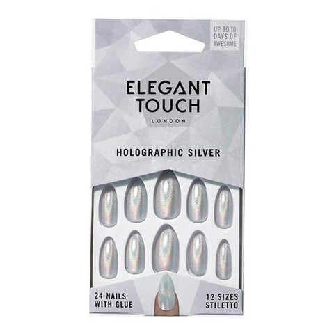 Touch Elegant False Nails 12 Sizes - Silver, 24 Pieces