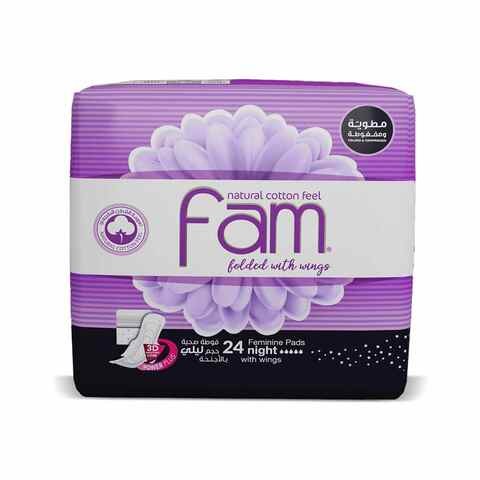 Fam Natural Cotton Feel Maxi Thick Folded Sanitary Pads With Wings, 24 Pads