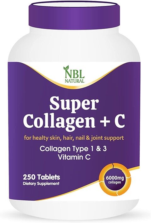 NBL Super Collagen with Vitamin C, Collagen Peptides Types 1 & 3 for Hair, Skin, Nails & Joints - 6000 mg - 250 Tablets