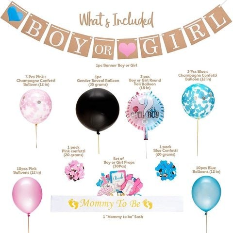 Doreen Baby Shower Party Supplies Kit (64 Pieces) - Including 36 inch Reveal Balloon, Confetti Balloons, Banner, Photo Props & More