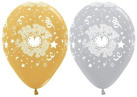 Simpertex Round Balloons 12 Inch Metallic Gold Silver Satin Happy New Year Latex Balloons