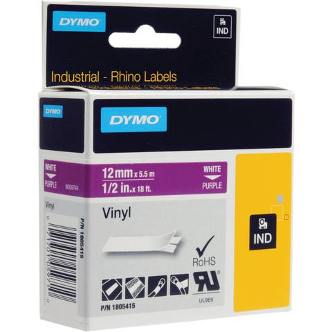 Dymo 12mm vinyl tape white on purple