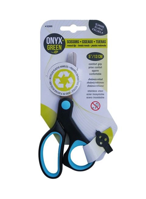 5 inch round tip scissors with ergonomic handle made from eco-friendly recycled plastic black/blue