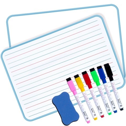 Pastel Arts Double Sided whiteboard with markers and eraser, lined/blank, A4, Non Magnetic, Blue Frame