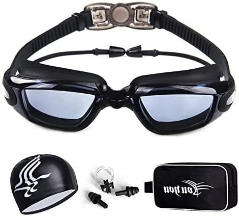 SKY-TOUCH Swimming Goggles, Leak-Free, Anti-Fog, UV Protection, with Ear Plugs, Nose Clip and Protective Case, Adjustable Strap for Adults Black