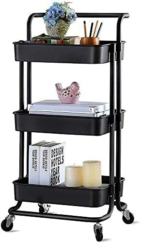 Orchid 3-Tier Multiuse Kitchen Organizer Rack Storage Trolleys Removable Storage Tower Rack Bathroom Shelf with Wheels and armrest Slim Rolling Storage Rack | Rolling Cart with Wheels Handle (Black)