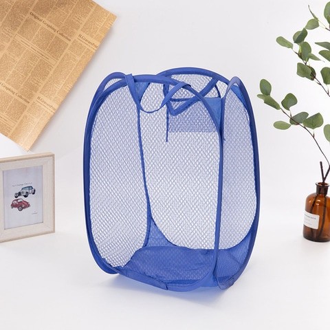 2-Piece Foldable Mesh Clothes Washing Laundry Basket Blue 36*36*58