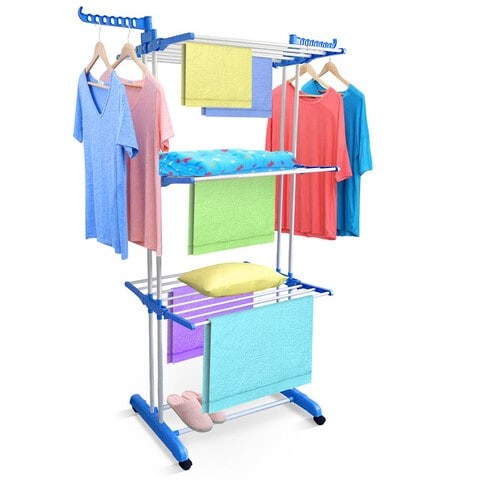 Heavy Duty Three Layer Carbon Steel Full Size Clothes Drying Rack, Laundry Rack, Blue