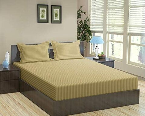 3 Pcs Set Fitted Bed Sheet 120x200cm, 300TC Satin Stripe 100% Cotton, Brown with 2 Pillow Cases