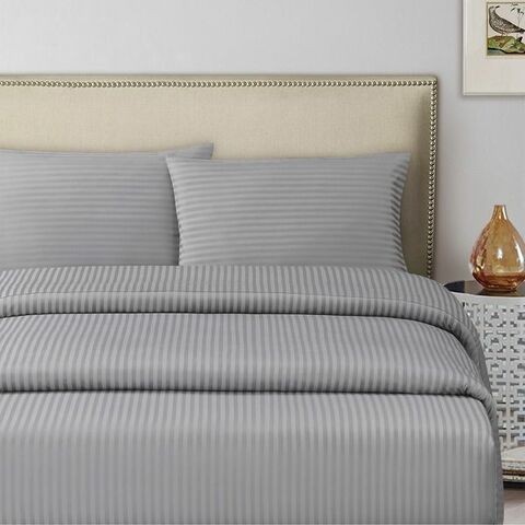 3 Pcs Set Fitted Bed Sheet 120x200cm, 300TC Satin Stripe 100% Cotton, Silver with 2 Pillow Cases