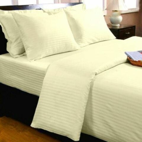 3 Pcs Set Fitted Bed Sheet 120x200cm, 300TC Satin Stripe 100% Cotton, Beige with 2 Pillow Cases