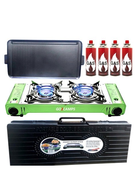 Falcon - Korean Double Butane Camping Stove with BBQ Stove / Humburger Tray & 4 Pieces of Butane Gas - Multi Color