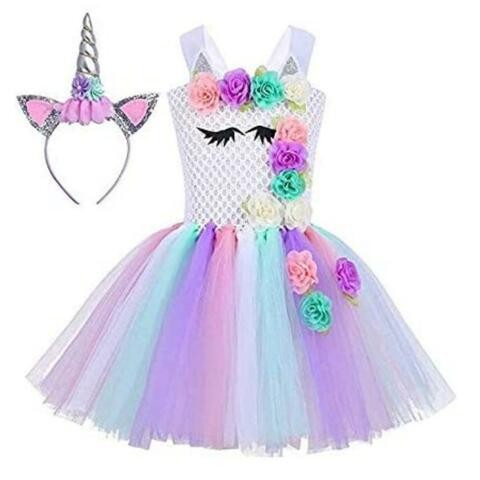 Aiwanto Children Girls Unicorn Dress Birthday Pageant Princess Tulle Tutu Costumes Rainbow (L- 130)