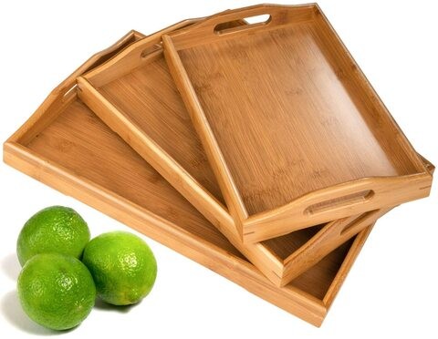 Aiwanto 3Pcs Large Serving Tray Storage Trays Bamboo Wood Serving Tray with Handle Guest Serving Tray Set for Coffee,Food,Breakfast,Dinner