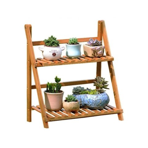 ALISSA-DoubleTier Bamboo Storage Balcony Fleshy Floor Rack Folding Flower Pot Stand.