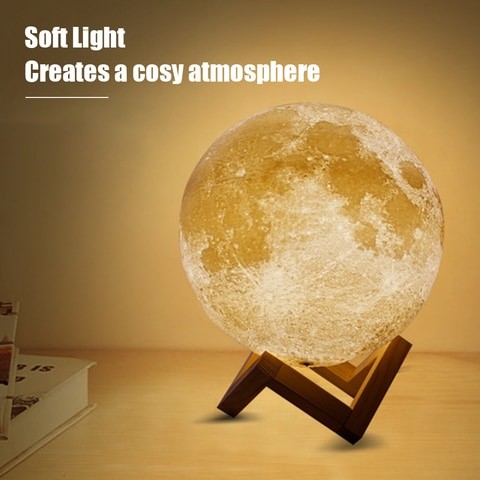 Generic-3D Printing Clap Moonlight USB Rechargeable 3-Color Dimmable Night Lamp Bedroom Decor With Wooden Stand