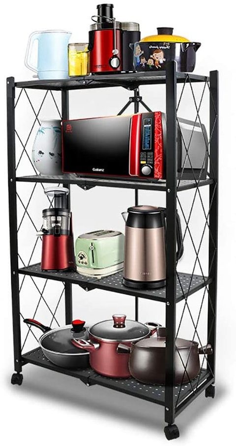 Shelves 4 Shelves Foldable Kitchen Microwave Shelves Storage Shelves Trolleys Metal Wire Rack Home Kitchen (Black, 4 Tiers)