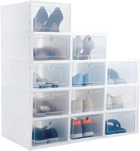 Stackable Plastic Shoe Boxes, Need to Assemble, 33*23*14 cm, 12 Pieces, White