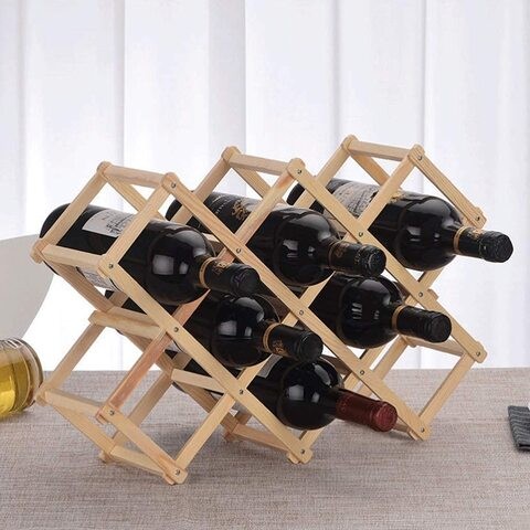 LINGWEI Wine Bottle Holder Foldable Wood Wine Rack Free Standing Countertop Wine Storage Table Unique Kitchen Bar Display Shelf 10 Bottles Natural