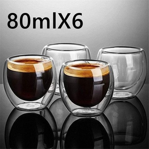 Heat Resistant Double Glass Turkish Tea Espresso Coffee Cups (6pcs, 80ml)