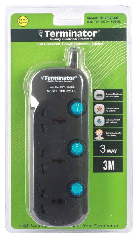 Terminator Brand Universal Power Extension Socket - 3 way 3M