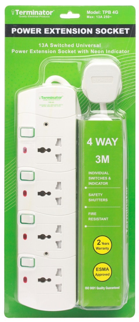 Terminator 4 Way Universal Power Extension Socket 13A 3M Esma Approved