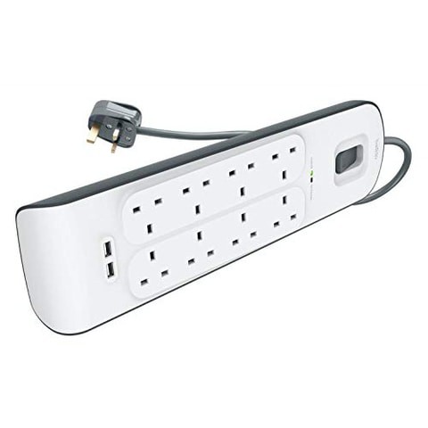 Belkin 8Port Power Extension Strip, 8 Way, 8 Plug Surge Protection Lead, 2Port 2.4A USB Charging Port (2m Cable).