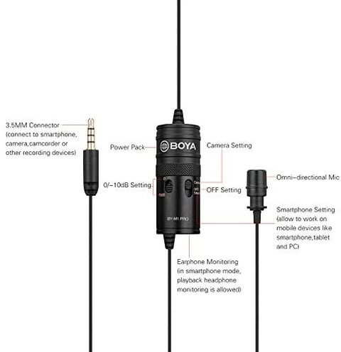 Boya High Quality By-M1 Pro Omni-Directional Lavalier Microphone Single Head Clip-On Condenser Mic For Smartphone DSLR Camcorder Audio Recorder