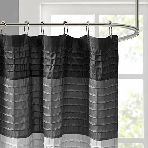 Madison Park Amherst Bathroom Shower Faux Silk Pieced Striped Modern Microfiber Bath Curtains, 72X72 Inches, Black