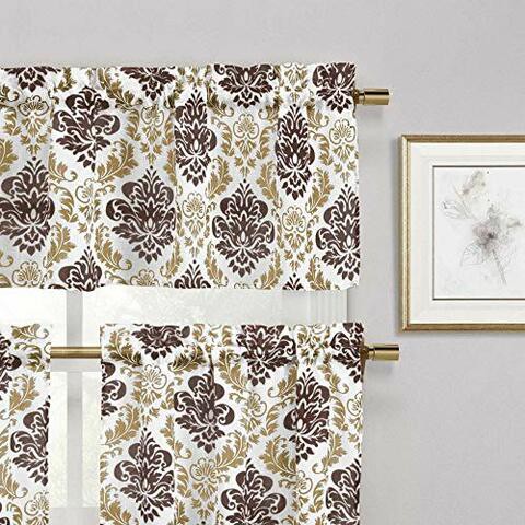 Duck River Textiles - Melbourne Faux Linen Printed Medallion Kitchen Tier &amp; Valance Set | Small Window Curtain For Cafe, Bath, Laundry, Bedroom - (Brown)