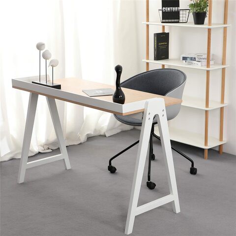 KAI Desk, Modern Nordic Desk, Study desk, Computer Desk for home office with Solid Wood Base &amp; Oak Top By Daamudi (White)