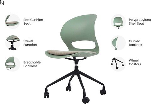 VIS Chair, Premium Meeting & Visitor Chairs, Swivel Chair With Soft Cushion Seat By Navodesk (Sage Green, With Castor Wheels)