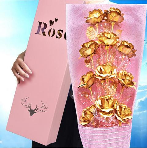 Generic - 11pcs 24k Gold Plated Rose With Pink Bouquet