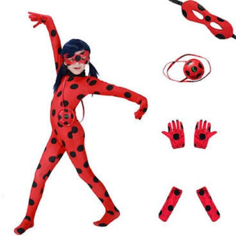 Kid&rsquo;s Beetle Costume Ladybug Black Cat Noir Boy or Girl Cosplay Outfit Clothing with Wig Jumpsuit Halloween Party Masquerade with 3pcs/Set Jewellery (S 5-6Y, Ladybug_Outfit)