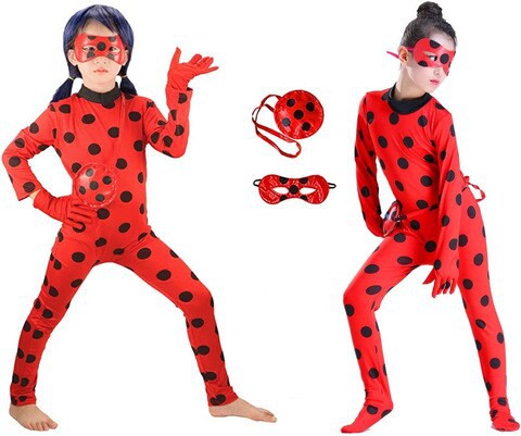 Kid&rsquo;s Beetle Costume Ladybug Black Cat Noir Boy or Girl Cosplay Outfit Clothing with Wig Jumpsuit Halloween Party Masquerade with 3pcs/Set Jewellery (XL 10-11Y, LadyBug_Jumpsuit)