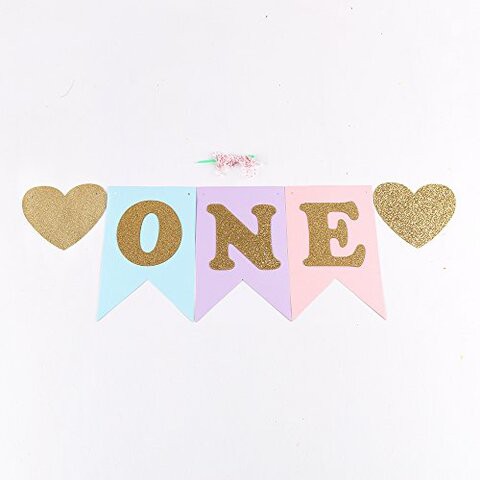 Lxzs-Bh Blue And Pink 1St Birthday Banner, Glitter&quot;One&quot; And Heart Shapes, For Baby Girl, Baby Shower, High Chair Decoration, Wall Decor