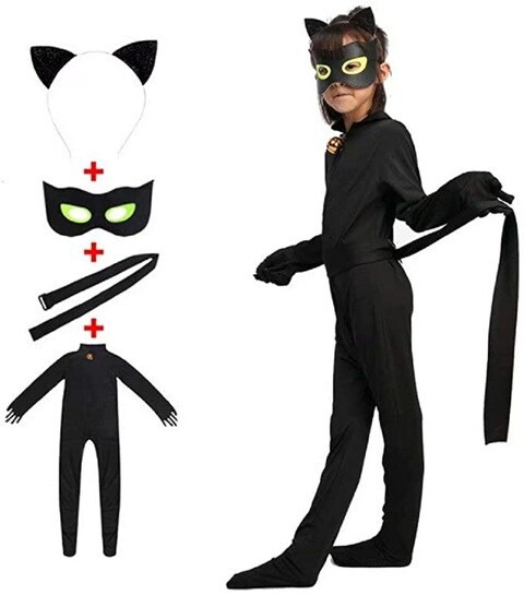 Kid&rsquo;s Beetle Costume miraculous Ladybug Black Cat Noir Boy or Girl Cosplay Outfit Clothing with Wig Jumpsuit Halloween Party Masquerade with 3pcs/Set Jewellery (XS 3-4Y, Black Cat Noir)