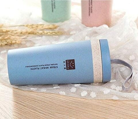 Home Water Bottle Straw Wheat Plastic Eco Friendly Cup Travel Office Student Coffee Tea Travel Mug (Blue)