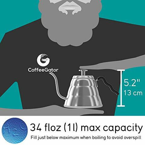 Gooseneck Kettle - Coffee Gator Pour Over Kettle - Precision-Flow Spout and Thermometer - Barista-Standard Hand Drip Tea and Coffee Kettle for Induction and all Stovetops - 34oz