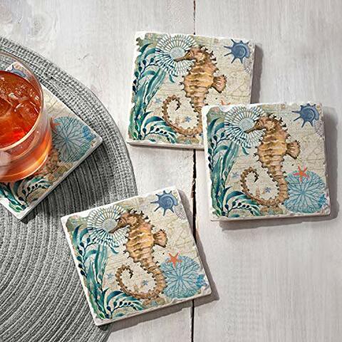 Counter Art Monterey Bay-Seahorse Absorbent Tumbled Tile Coasters, Set of 4